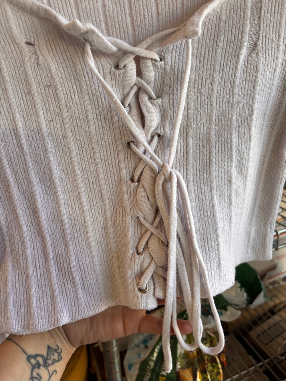Rue21 Cream Lace-Up Ribbed V-Neck Crop Sweater